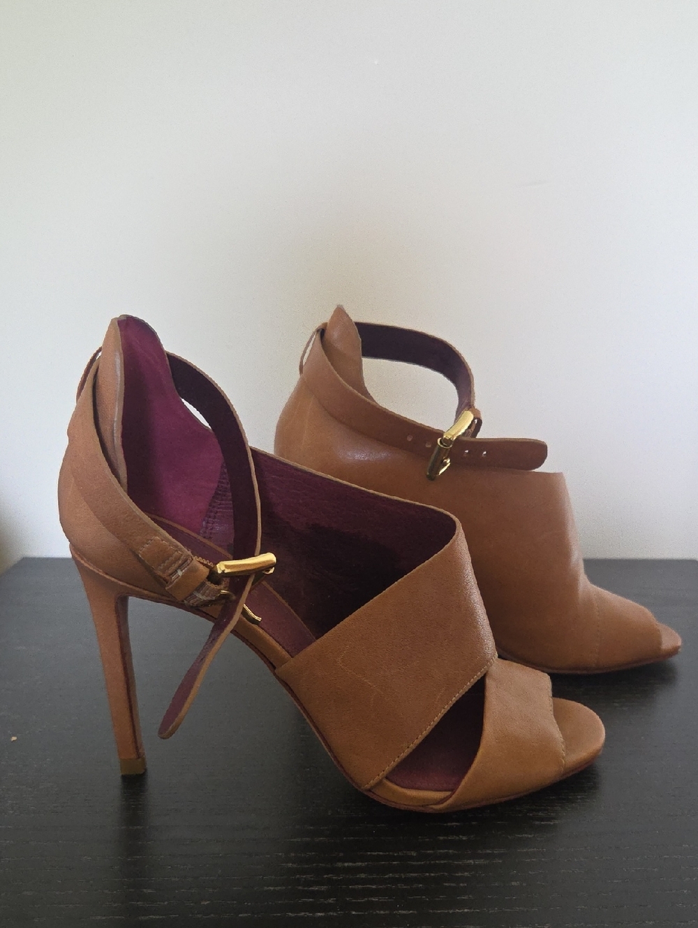 Coach Tan Leather Open-Toe High Heel Sandals with Gold Buckle